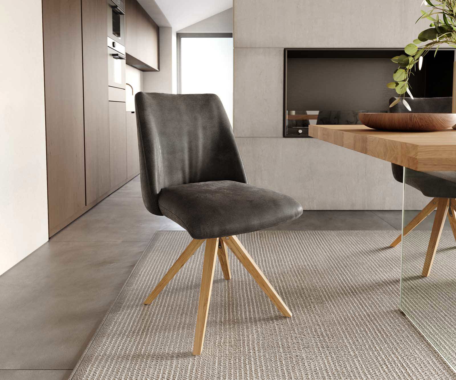 Chaise-pivotante Elso-Flex microvelours anthracite vintage pied en bois angulaire naturel pivotement sur 180° ressorts ensachés Chaise-pivotante Elso-Flex microvelours anthracite vintage pied en bois angulaire naturel pivotement sur 180° ressorts ensachés