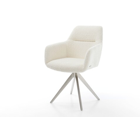 Chaise-de-salle-à-manger Pejo-Flex bouclé blanc pied croisé angulaire acier inoxydable brossé ressorts ensachés