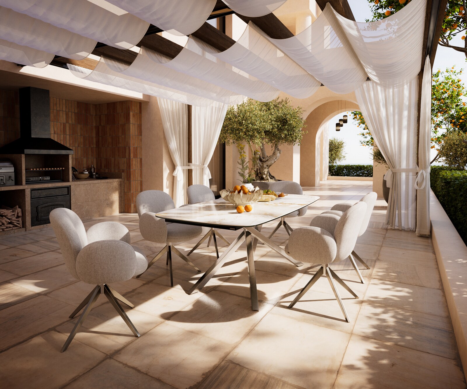 Table d’extérieur Edge Boot 200x100 cm céramique Minas Melange blanc-beige piètement croisé rectangulaire en acier inoxydable 6