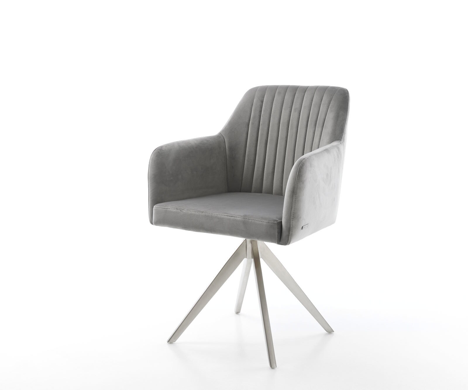 Chaise-de-salle-à-manger Greg-Flex velours gris pied croisé angulaire acier inoxydable brossé ressorts ensachés