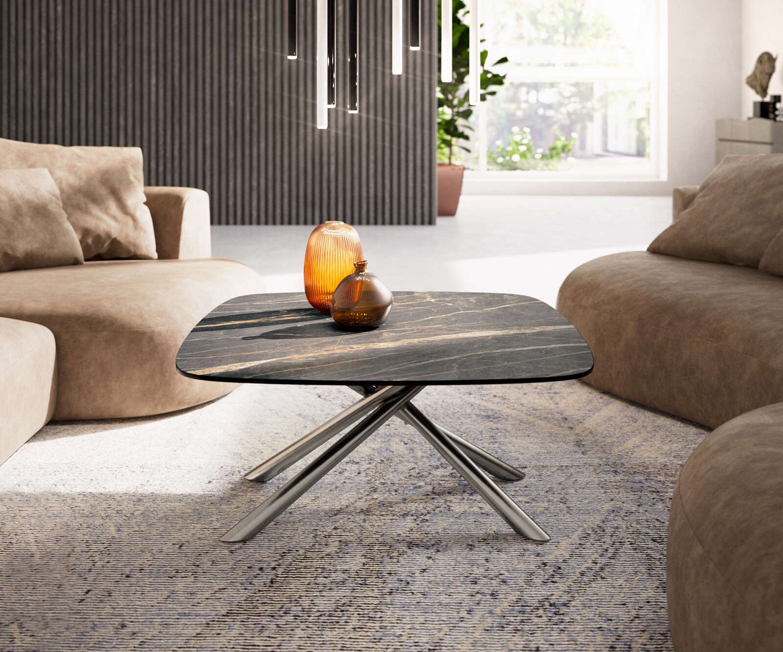 Table basse Edge Boot 90x90 cm céramique Laminam® Noir Desir brun Sarity acier inoxydable brossé 1