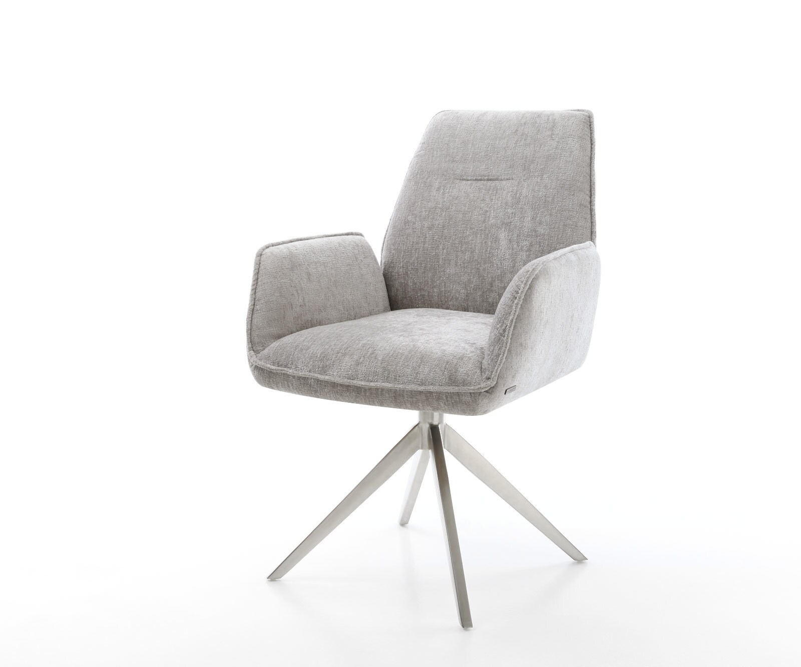 Chaise-pivotante Zoa-Flex chenille gris argenté pied croisé large acier inoxydable brossé pivotement sur 360° fonction bascule ressorts ensachés