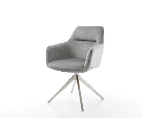 Chaise-pivotante Pejo-Flex velours gris pied croisé large acier inoxydable brossé pivotement sur 360° fonction bascule ressorts ensachés