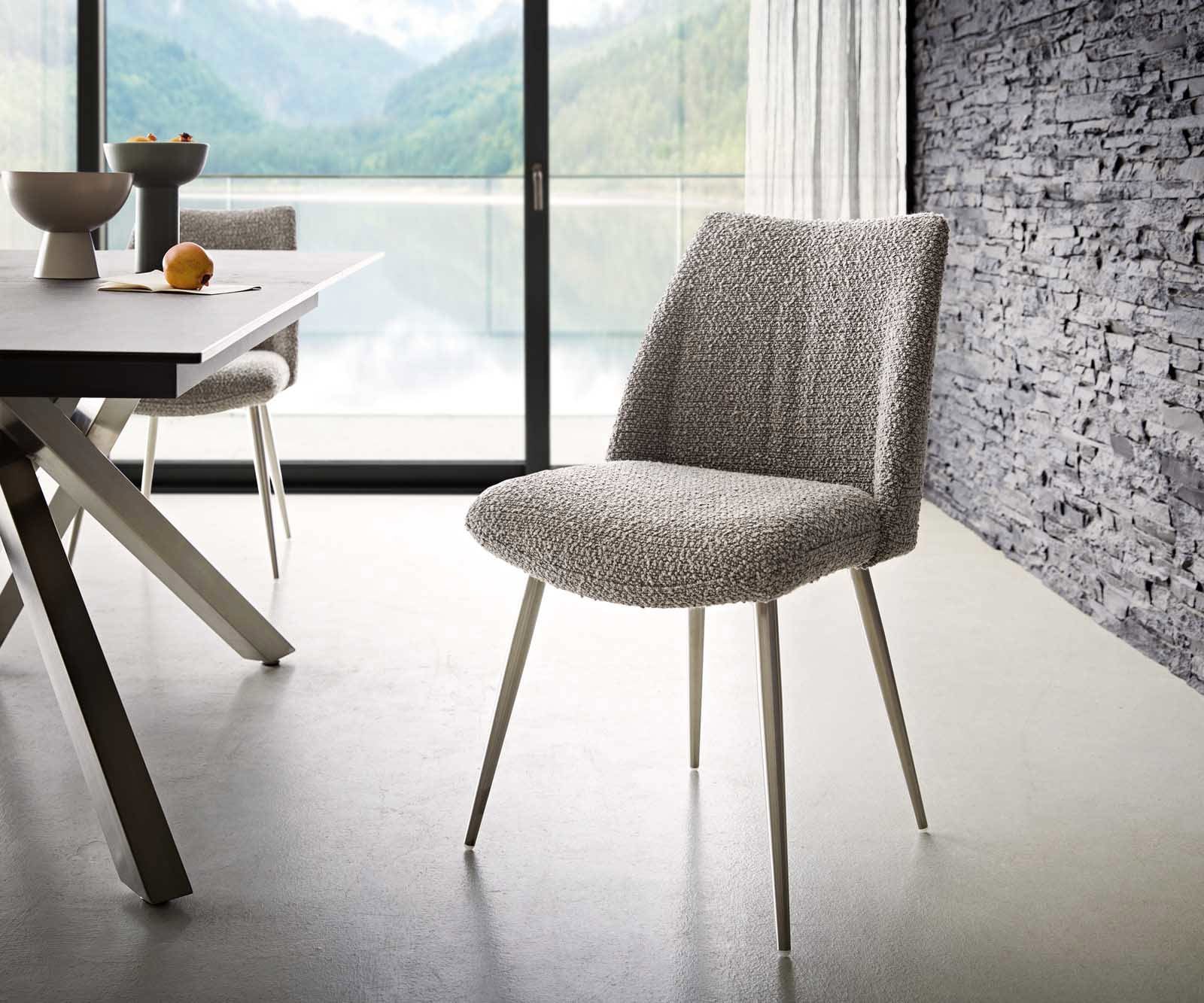 Chaise-de-salle-à-manger Elso-Flex bouclé gris argenté 4 pieds coniques acier inoxydable brossé ressorts ensachés Chaise-de-salle-à-manger Elso-Flex bouclé gris argenté 4 pieds coniques acier inoxydable brossé ressorts ensachés