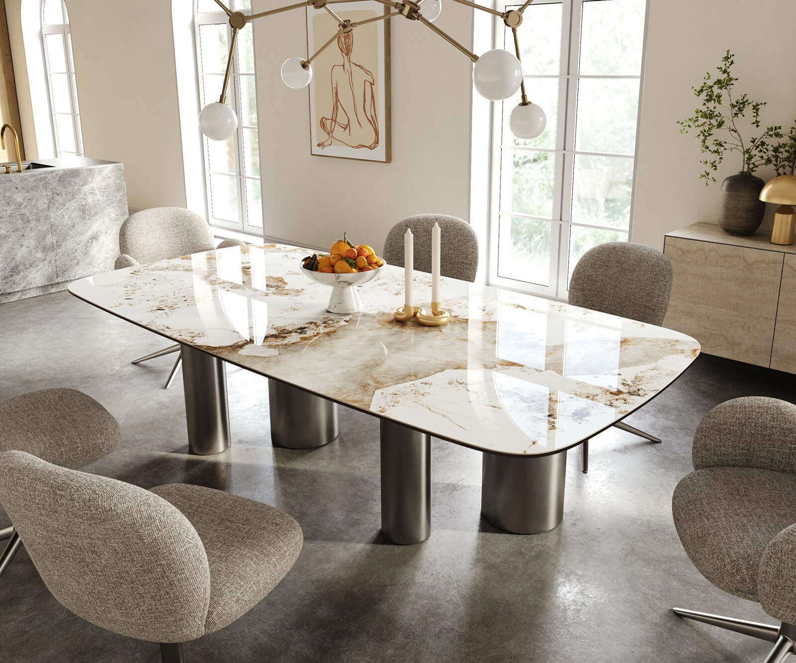 Table à manger Edge Boot 240x120 cm Céramique Minas Melange Blanc-Beige Pilier Acier inoxydable Graphite 1