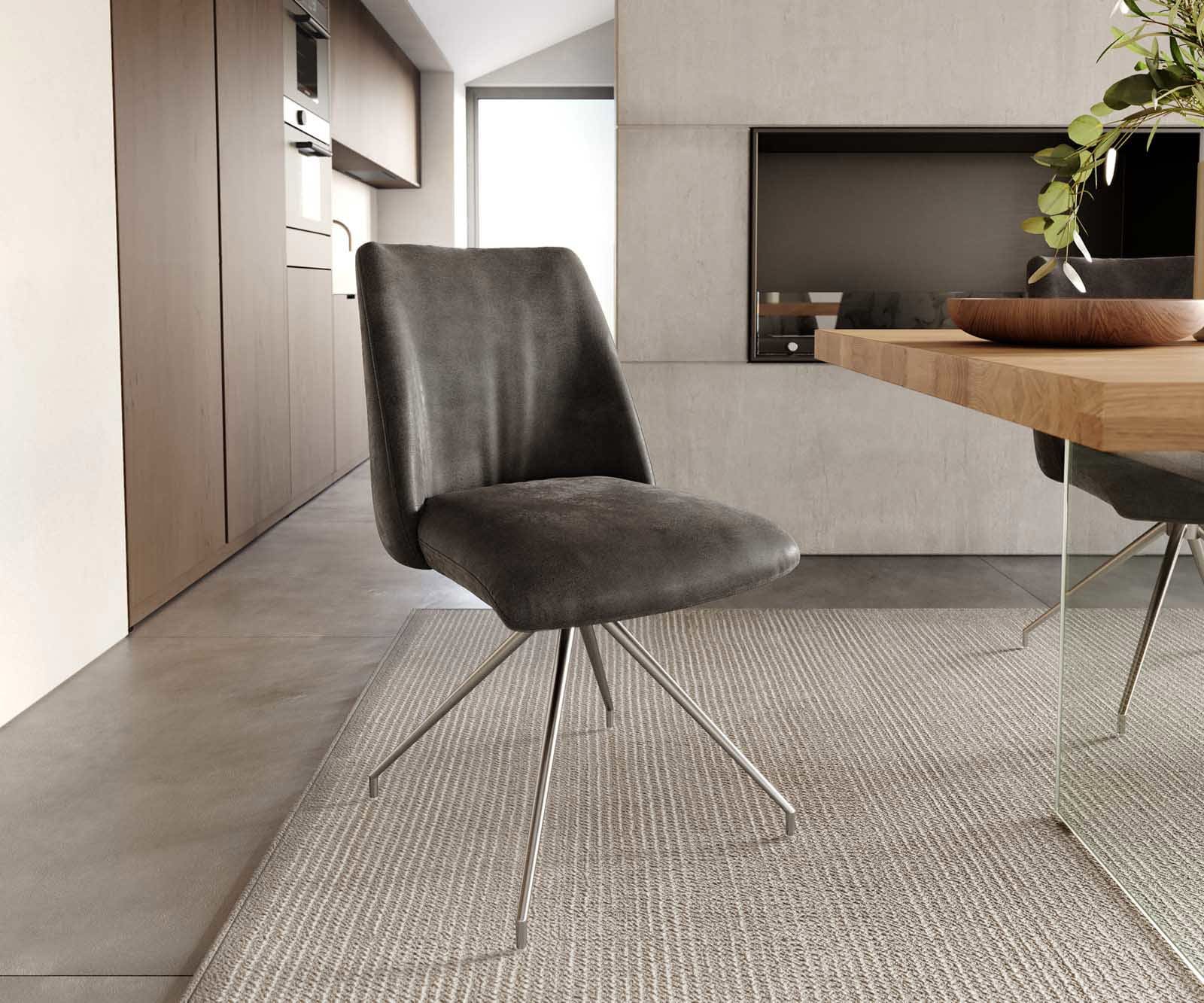 Chaise-pivotante Elso-Flex microvelours anthracite vintage pied croisé conique acier inoxydable brossé pivotement sur 180° ressorts ensachés Chaise-pivotante Elso-Flex microvelours anthracite vintage pied croisé conique acier inoxydable brossé pivotement sur 180° ressorts ensachés