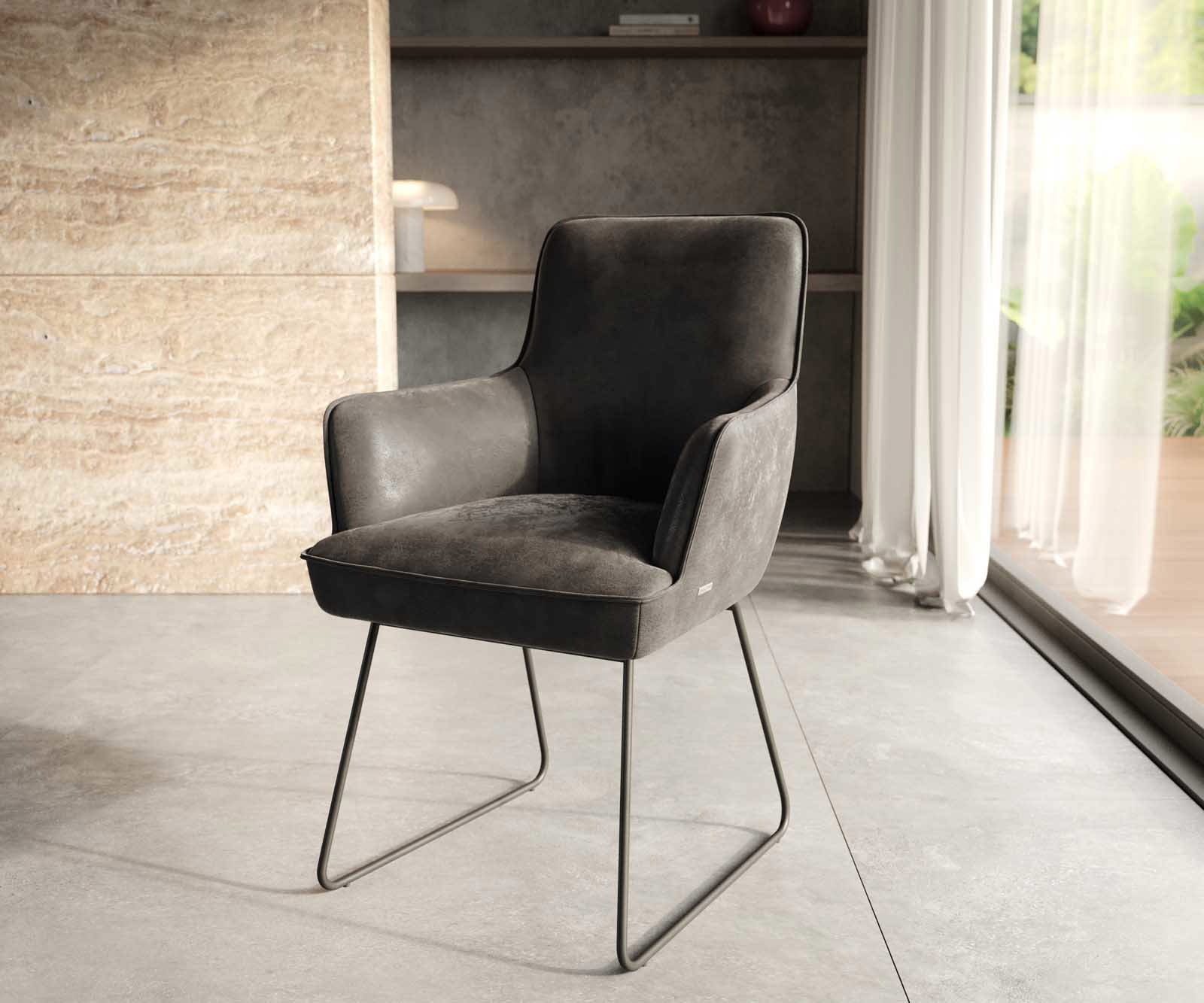 Chaise-de-salle-à-manger Heira-Flex avec accoudoirs microvelours anthracite vintage pied trapèze noir ressorts ensachés