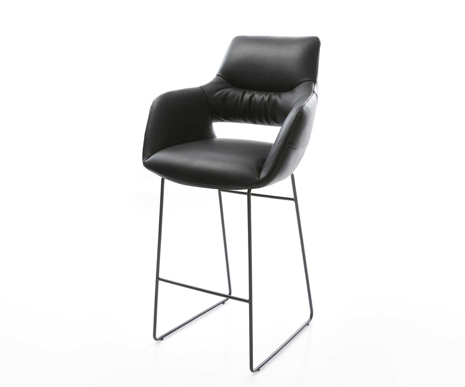 Chaise-de-bar Yago-Flex cuir véritable noir piètement traîneau métal noir ressorts ensachés