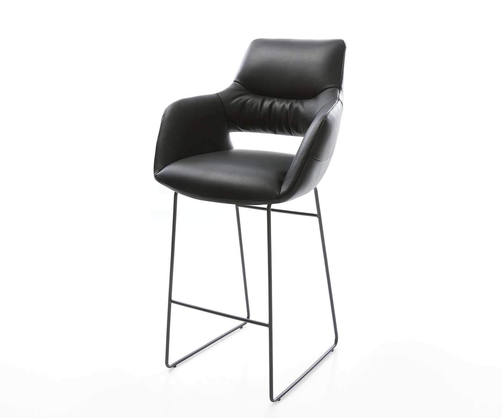 Chaise-de-bar Yago-Flex cuir véritable noir piètement traîneau métal noir ressorts ensachés Chaise-de-bar Yago-Flex cuir véritable noir piètement traîneau métal noir ressorts ensachés