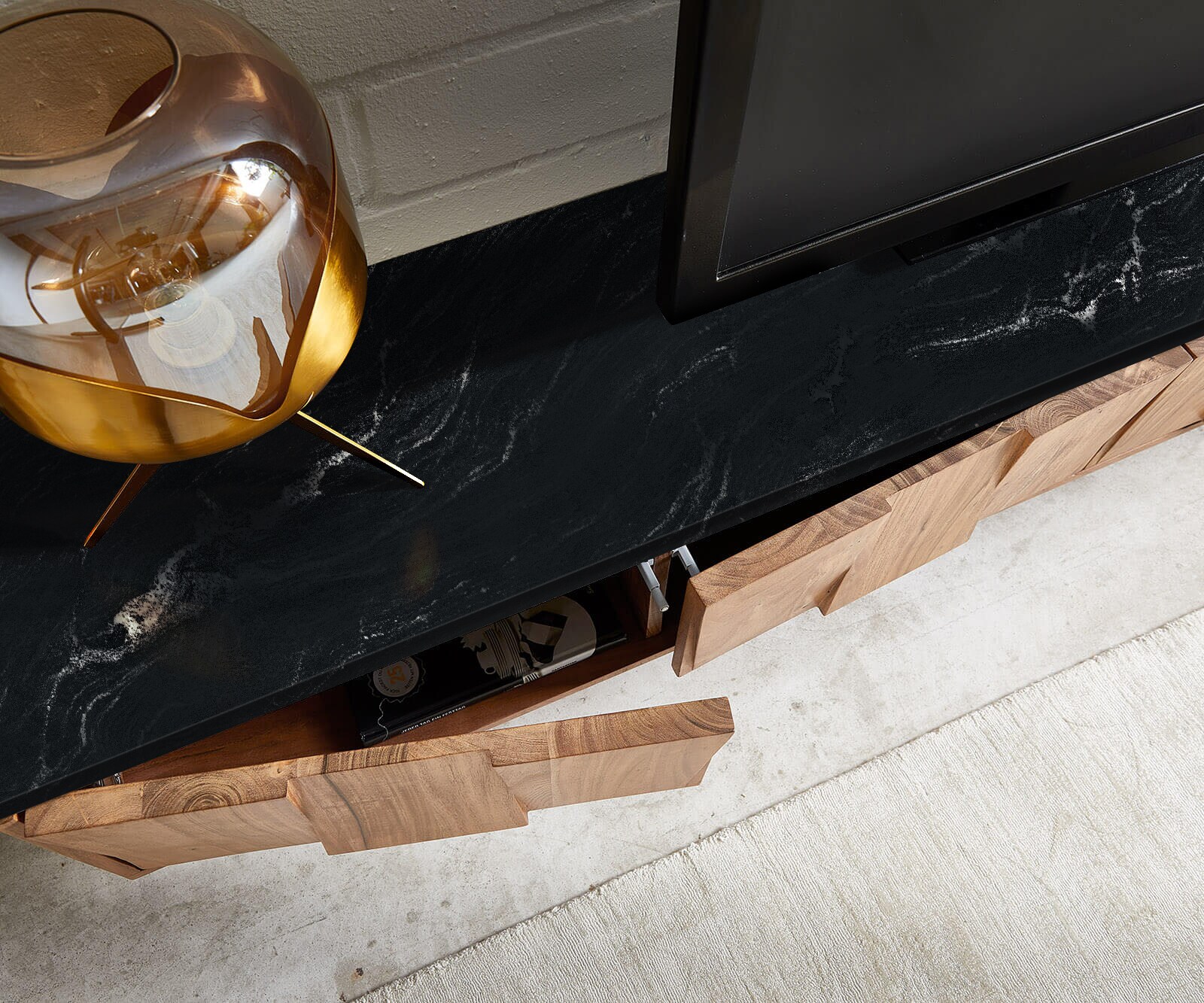 Meuble-TV Shia 200cm acacia naturel marbre noir 4 portes 5