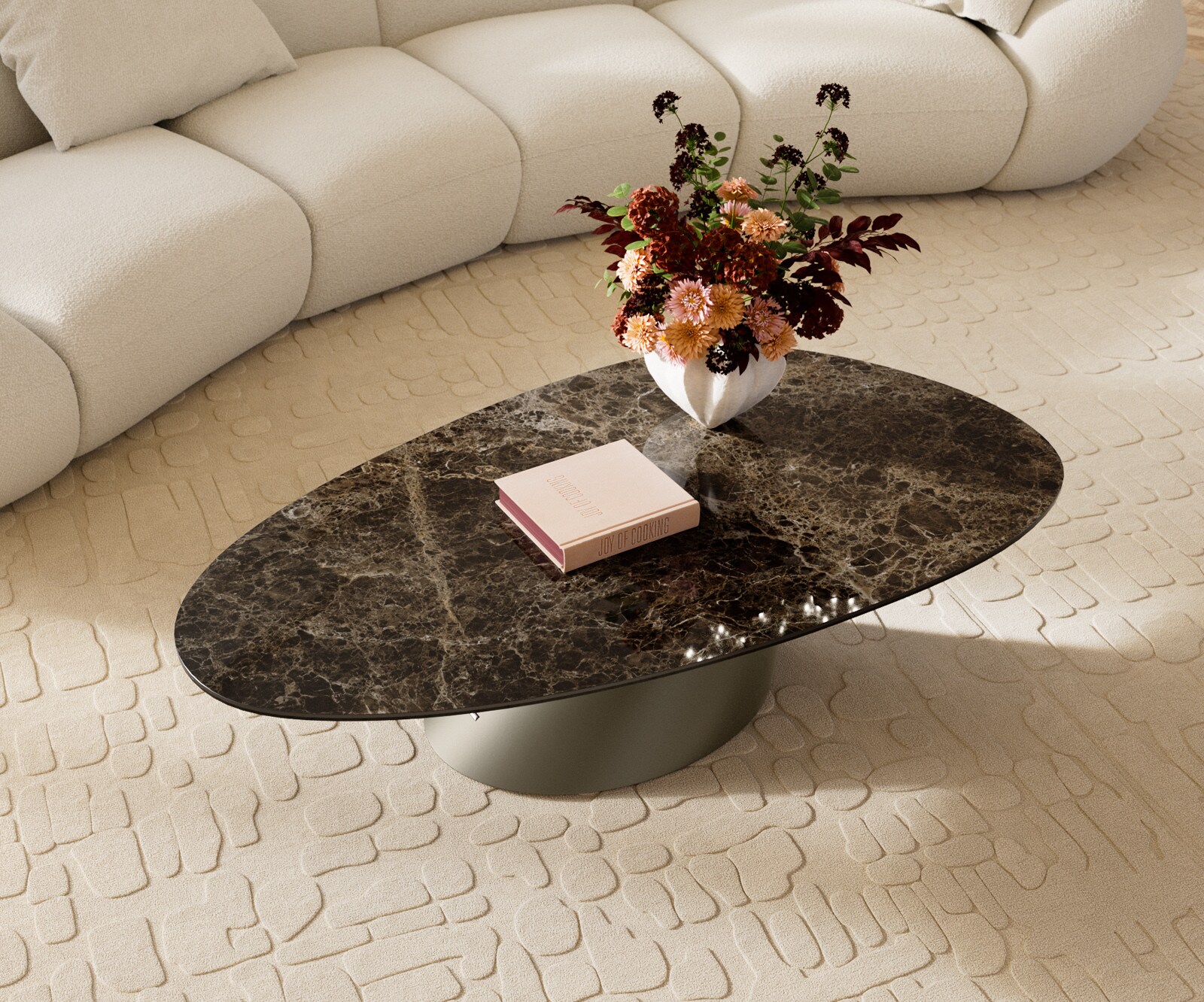 Table basse Edge Oval 140x75 cm céramique Laminam® Emperador Extra Lucidato brun foncé Conis Metall finition effet titane 3