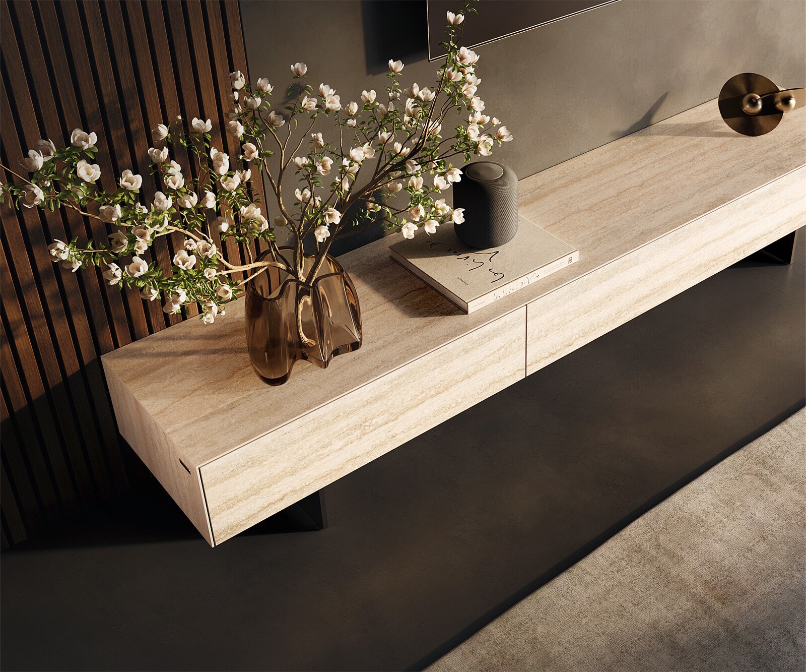 Meuble-TV Cuor 200 cm Céramique Laminam® Travertino Bianco Crème-blanc 1 Clapet 1 Tiroir Pied optique flottant Métal Noir 3