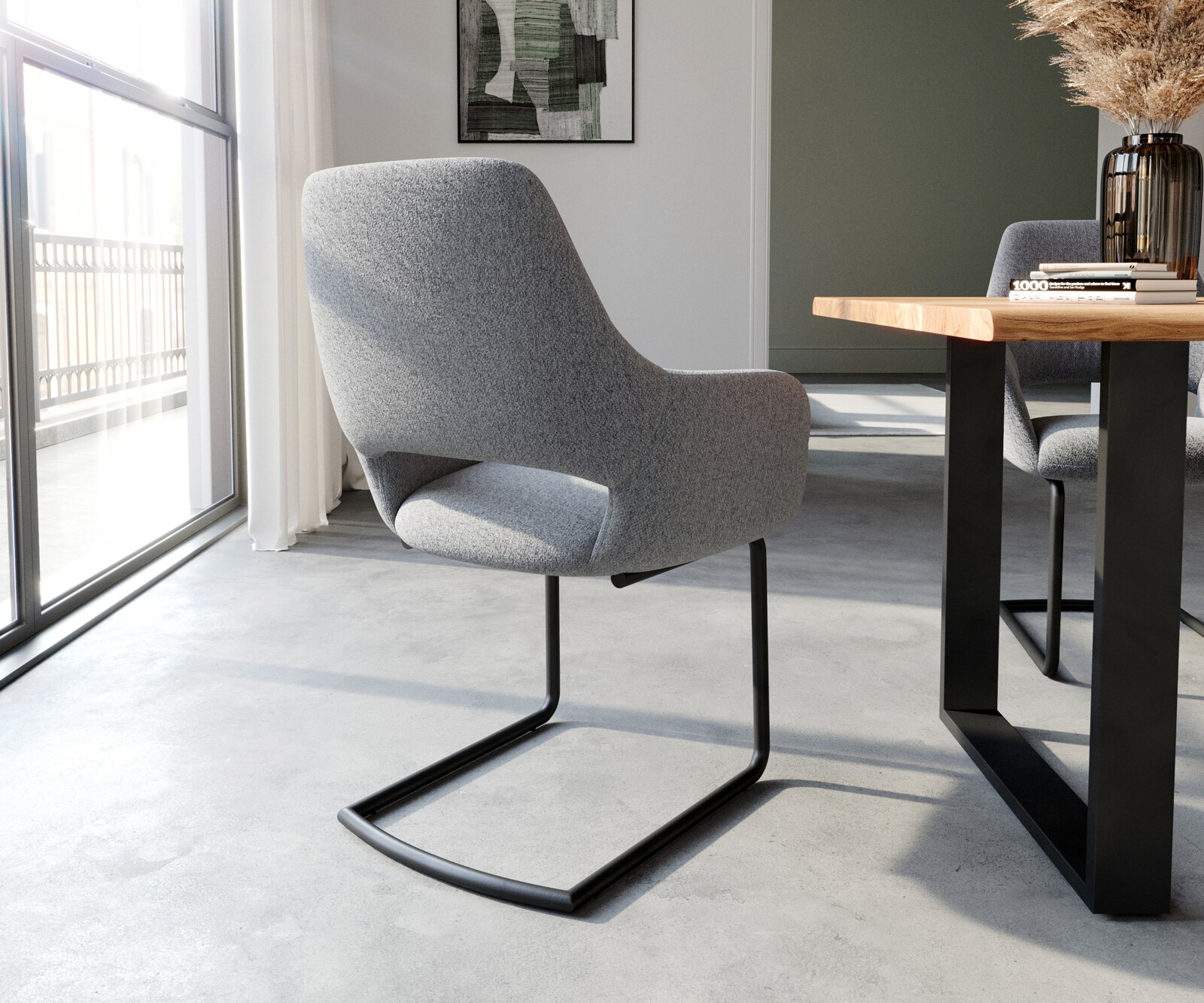 Cantilever Yago-Flex avec accoudoirs tissu texturé gris clair pied cantilever rond noir ressorts ensachés 4 Cantilever Yago-Flex avec accoudoirs tissu texturé gris clair pied cantilever rond noir ressorts ensachés 4