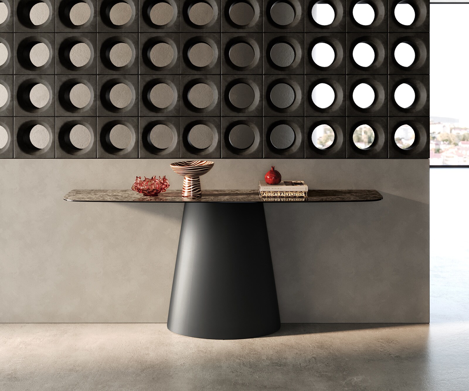 Console Edge forme bateau 180x40 cm Céramique Emperador Extra Lucidato Dunkelbraun Conos Métal Noir 4