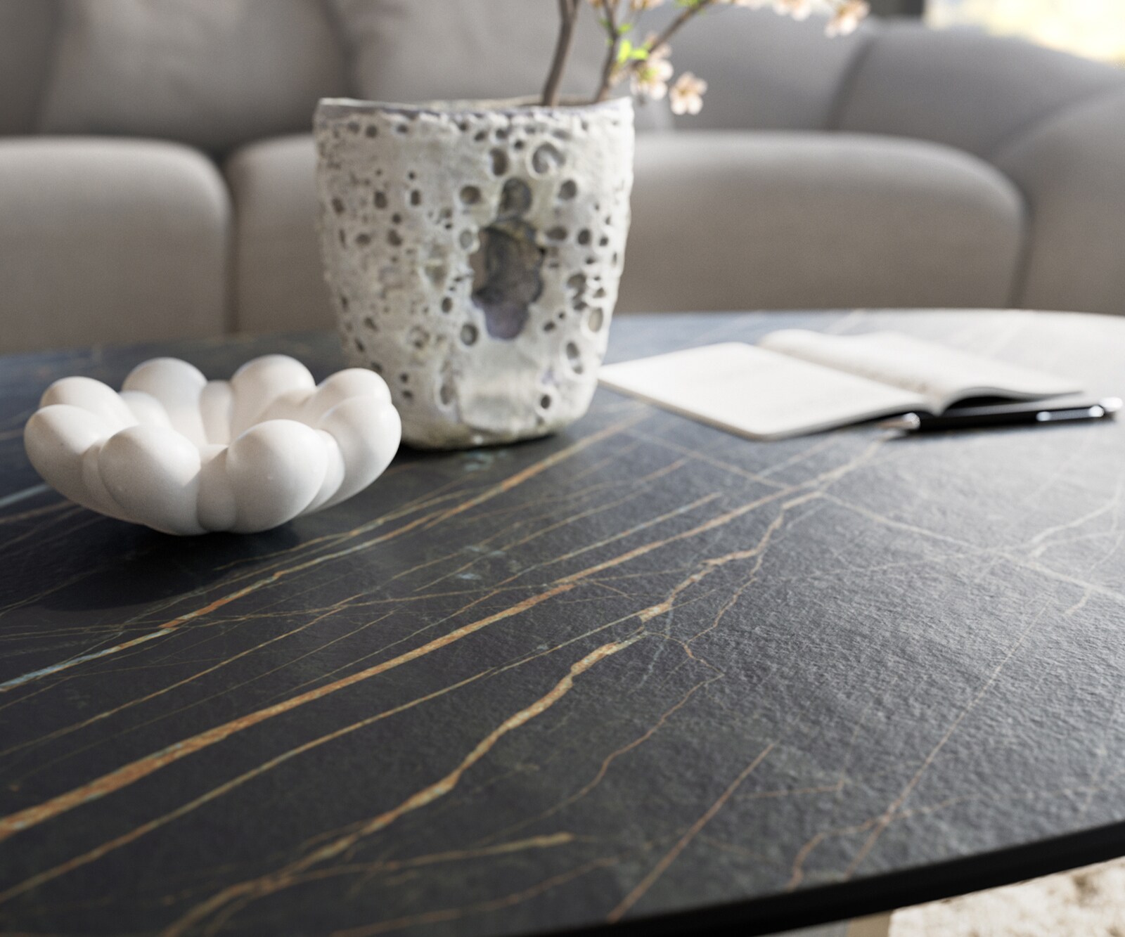 Table basse Edge Organique 140x76 cm céramique Laminam® Noir Desir brun Parabi argent métallique 7