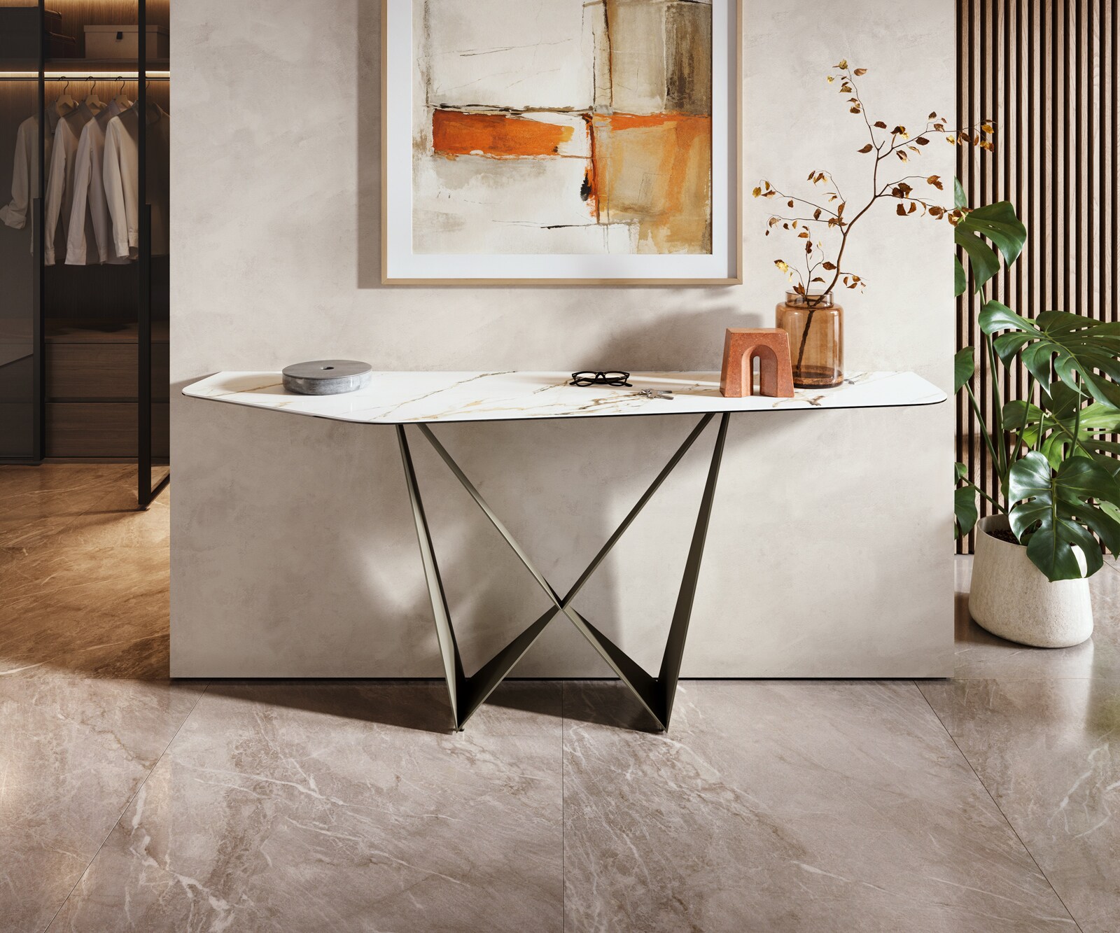 Console Edge Polygonal 180x50 cm Céramique Calacatta Luxe Weiß-Gold-Gris Spios Métal Effektfinish Titan 3