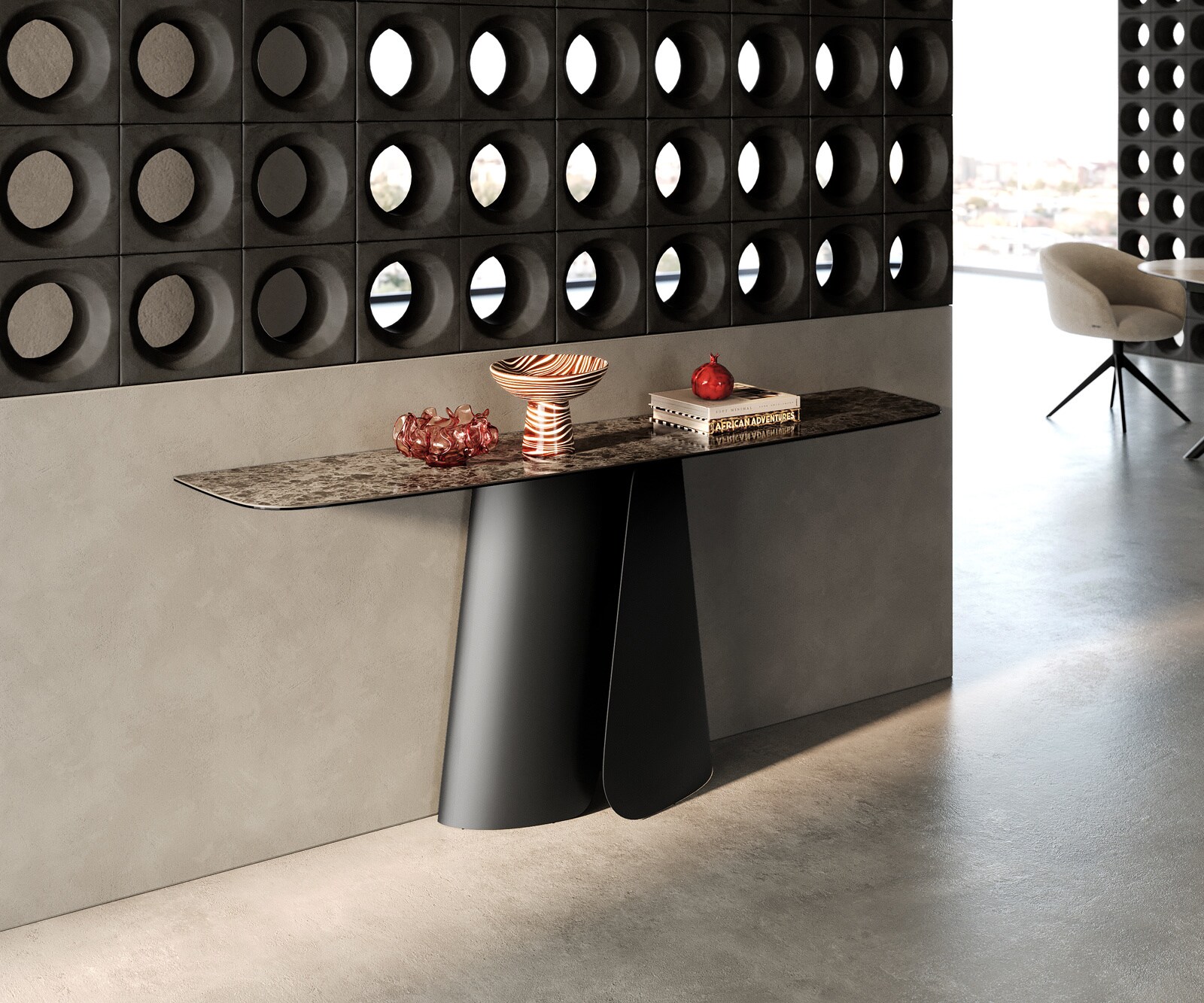 Console Edge forme bateau 180x40 cm Céramique Emperador Extra Lucidato Dunkelbraun Livos Métal Noir 1