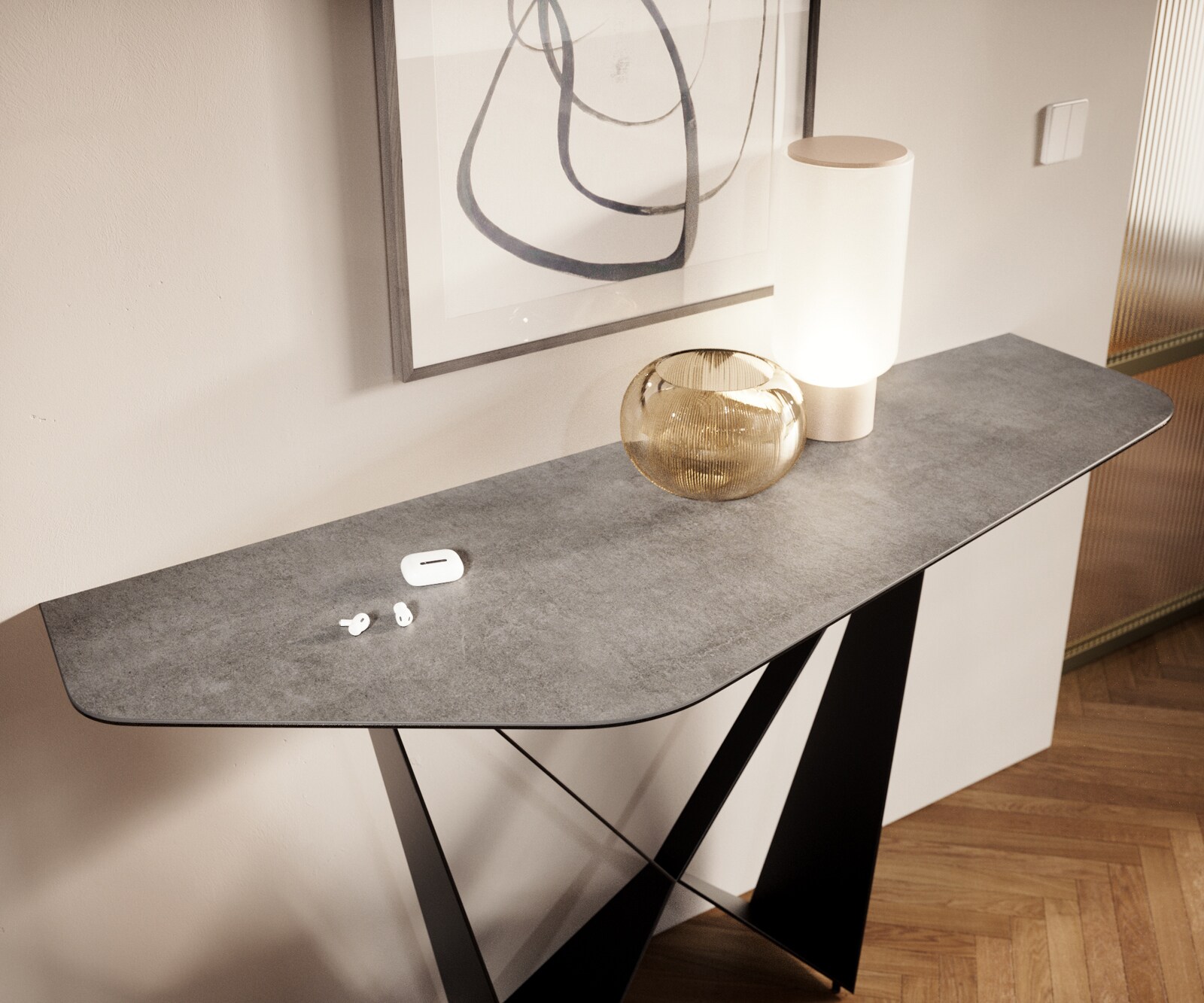 Console Edge Polygonal 140x50 cm Céramique Gris béton Livos Métal Noir 6