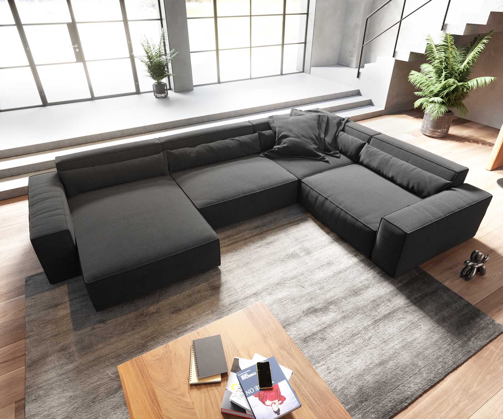 Canapé panoramique Sirpio XL 360x260 cm Microfibre Noir Recamiere variable 4