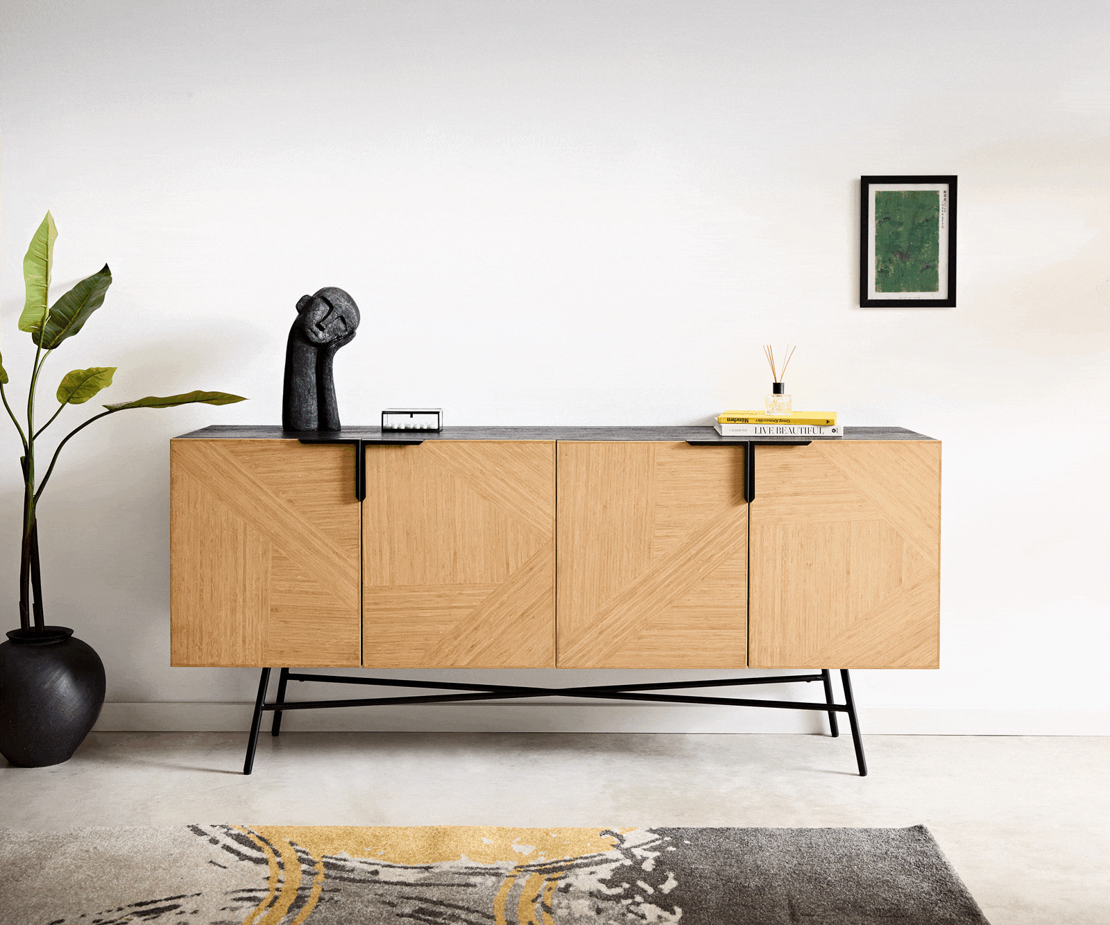 Buffet Mikkusu 175 cm bambou naturel manguier noir 4 portes métal noir 1