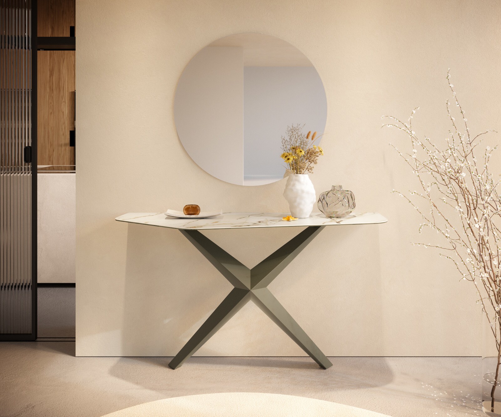 Console Edge Polygonal 140x50 cm Céramique Calacatta Luxe Weiß-Gold-Gris Zentharo Métal Effektfinish Titan 4