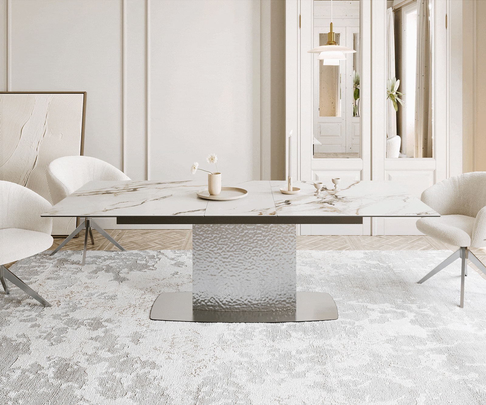 Table à manger Edge 180-220x100 céramique Calacatta Luxe blanc-doré-gris Wave acier inoxydable extensible 1 Table à manger Edge 180-220x100 céramique Calacatta Luxe blanc-doré-gris Wave acier inoxydable extensible 1