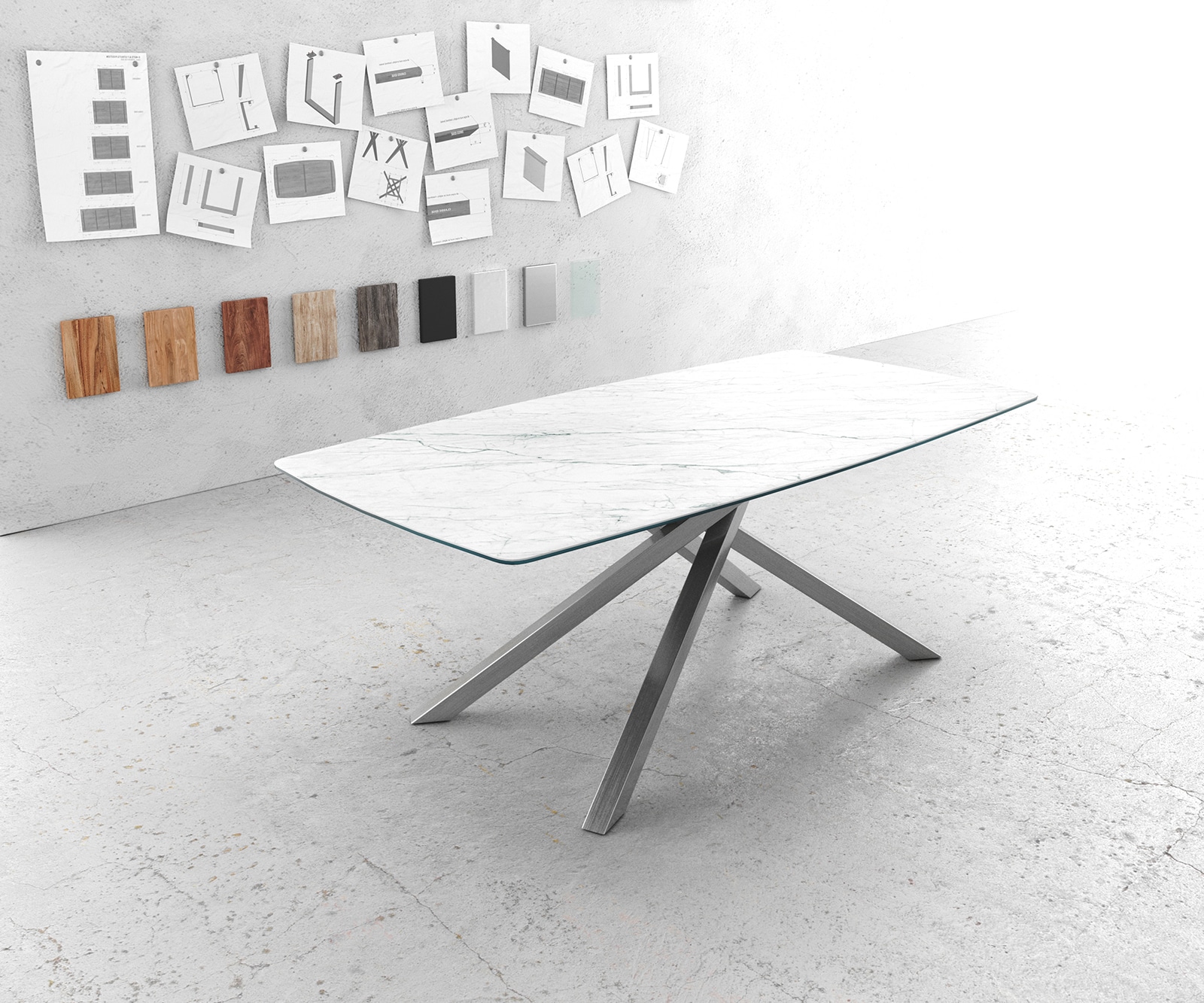 Table-à-manger Edge forme Boot 200x100cm Laminam® céramique blanc pieds milieu croisé argent Table-à-manger Edge forme Boot 200x100cm Laminam® céramique blanc pieds milieu croisé argent