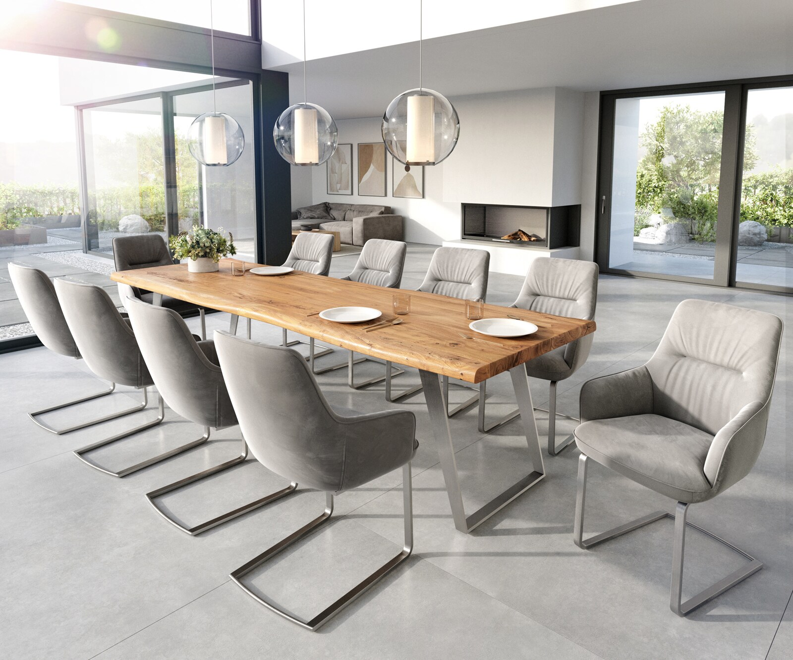 Cantilever Zelia-Flex avec accoudoirs velours gris pied cantilever plat acier inoxydable brossé ressorts ensachés 3 Cantilever Zelia-Flex avec accoudoirs velours gris pied cantilever plat acier inoxydable brossé ressorts ensachés 3