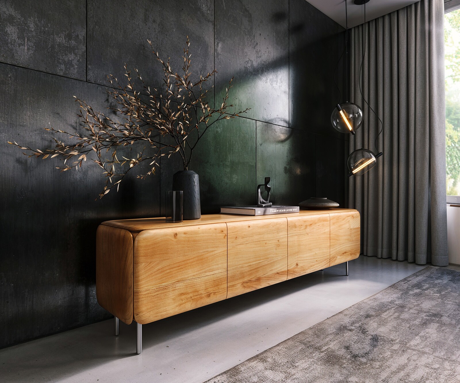 Meuble-TV Shavani 200 cm Acacia naturel 4 portes Pieds ronds Acier inoxydable Argent