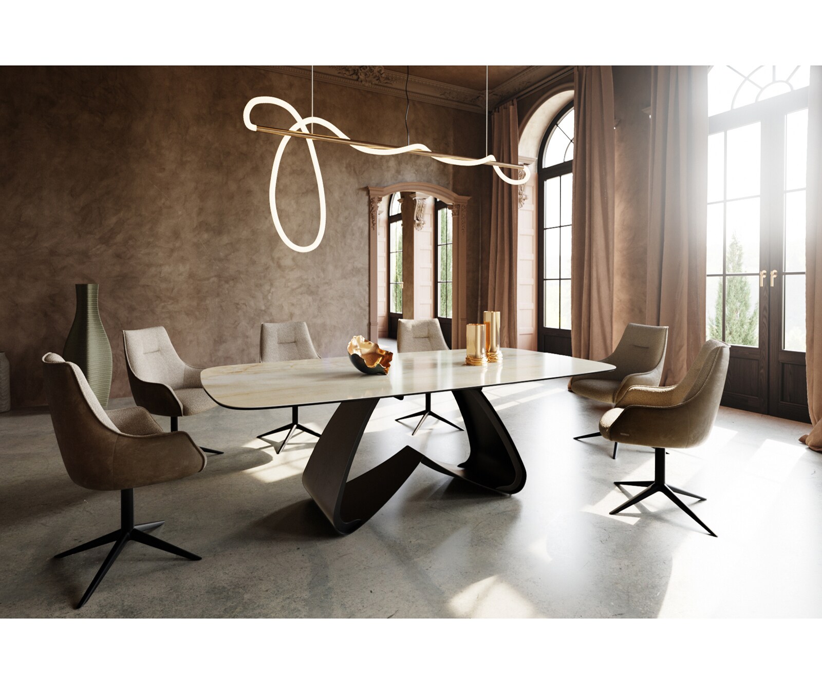 Table à manger Edge Boot 240x120 cm Céramique Iris FMG Onice Oro piètement en W Métal Noir 6