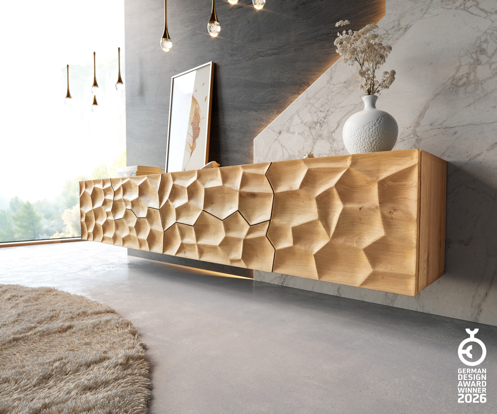 Buffet Solu 220 0cm en chêne naturel 2 portes 4 tiroirs fixation murale Face avant 3D