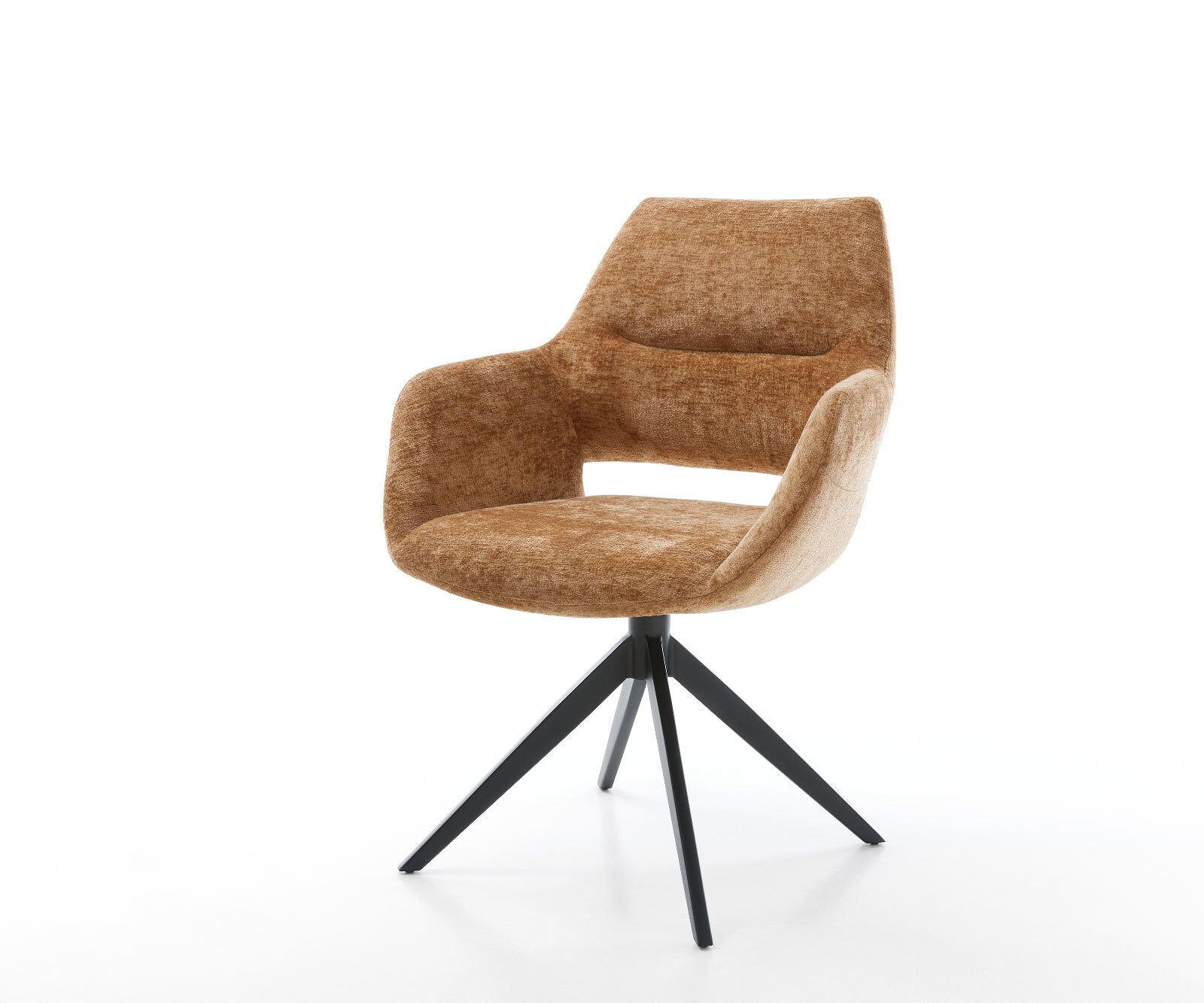 Chaise-pivotante Yago-Flex avec accoudoirs chenille rouille pied croisé large noir pivotement sur 360° fonction bascule ressorts ensachés