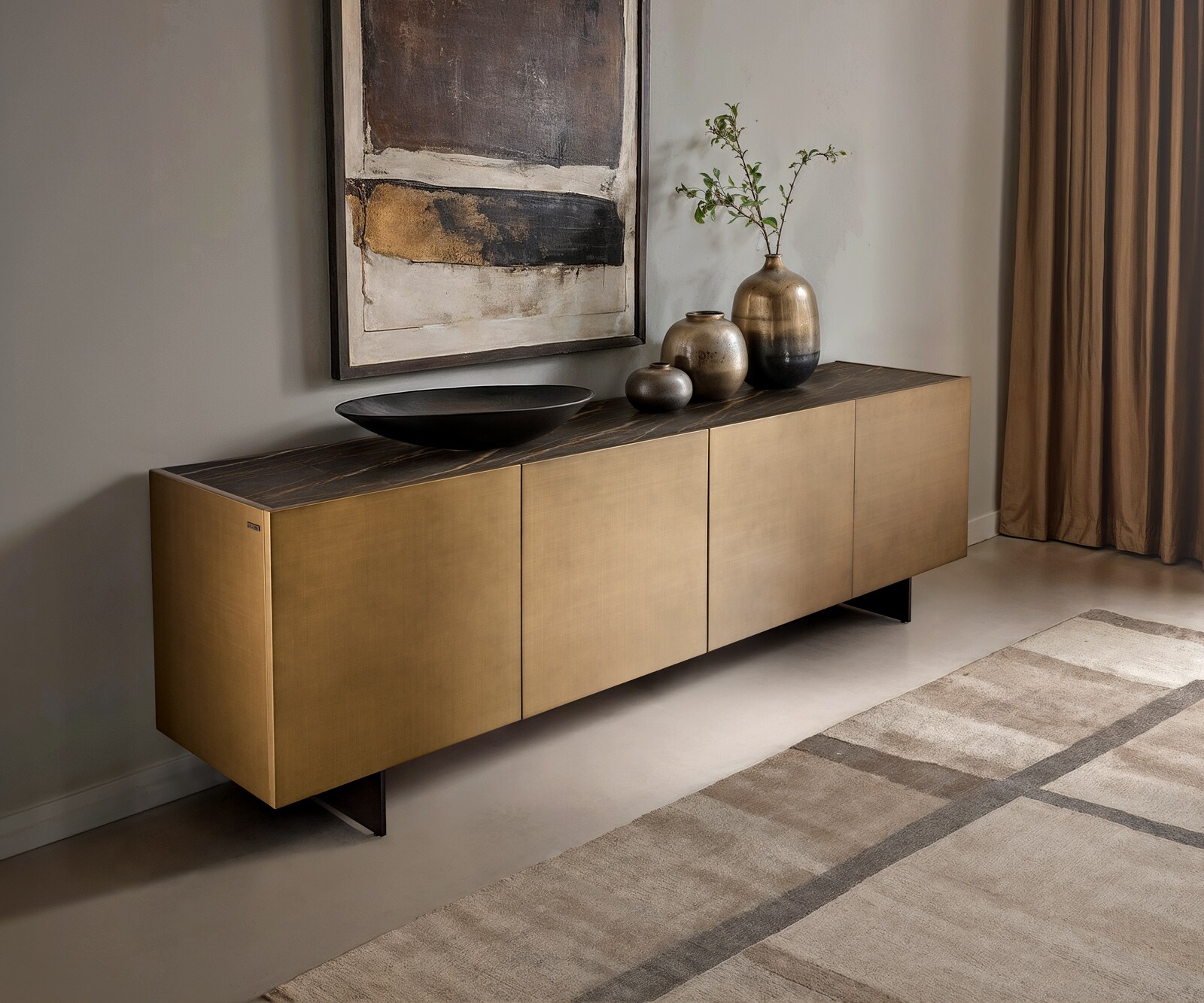 Buffet Kazu 220 cm Or métallique 4 portes flottantes Métal noir Céramique Laminam®Noir Desir Marron