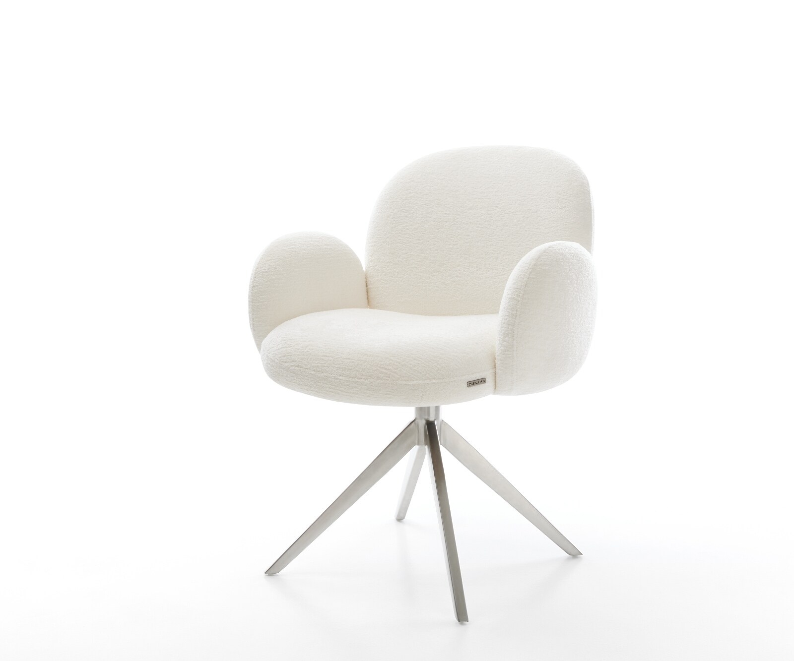 Chaise-pivotante Nube-Flex avec accoudoirs bouclé doux beige pied croisé large acier inoxydable pivotement sur 360° ressorts ensachés 1