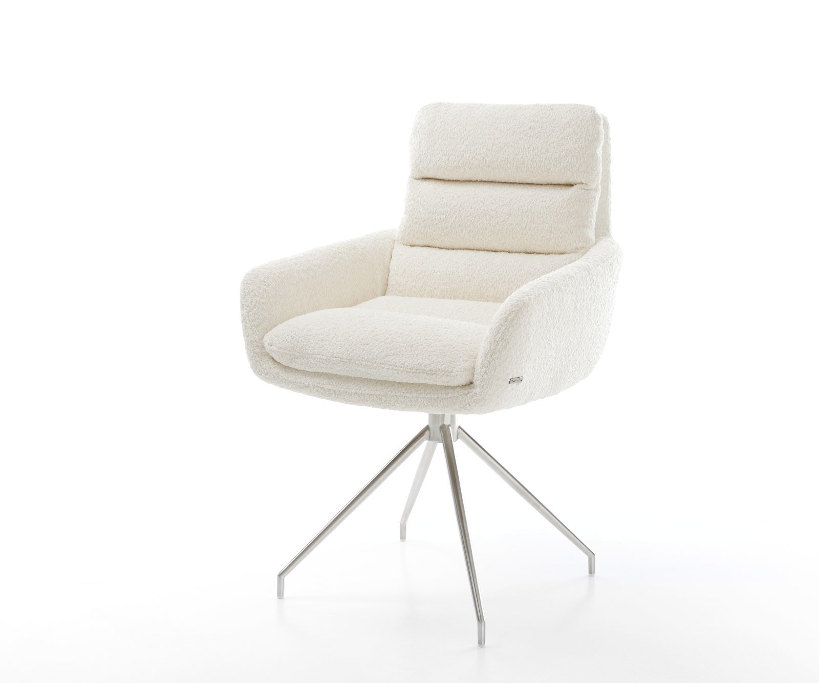 Chaise-de-salle-à-manger Abelia-Flex avec accoudoirs bouclé blanc pied croisé conique acier inoxydable brossé Chaise-de-salle-à-manger Abelia-Flex avec accoudoirs bouclé blanc pied croisé conique acier inoxydable brossé