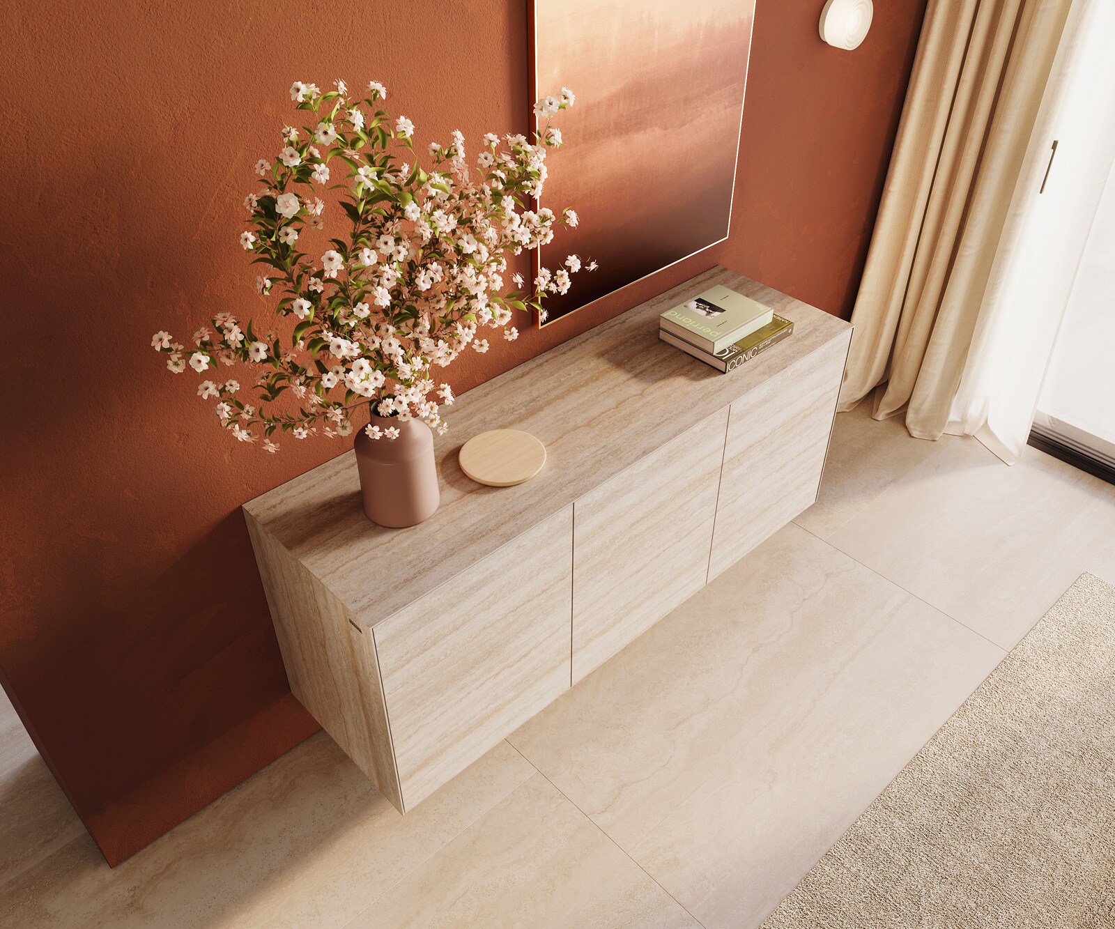 Buffet Cuor 150 cm Céramique Laminam® Travertino Bianco Crème-blanc 3 Portes Flottant 4