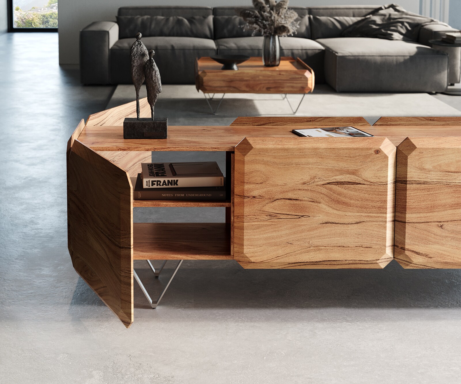 Meuble-bas Kiano 220 cm Acacia Nature 4 Portes Pied en V Acier inoxydable Séparateur de pièce 5