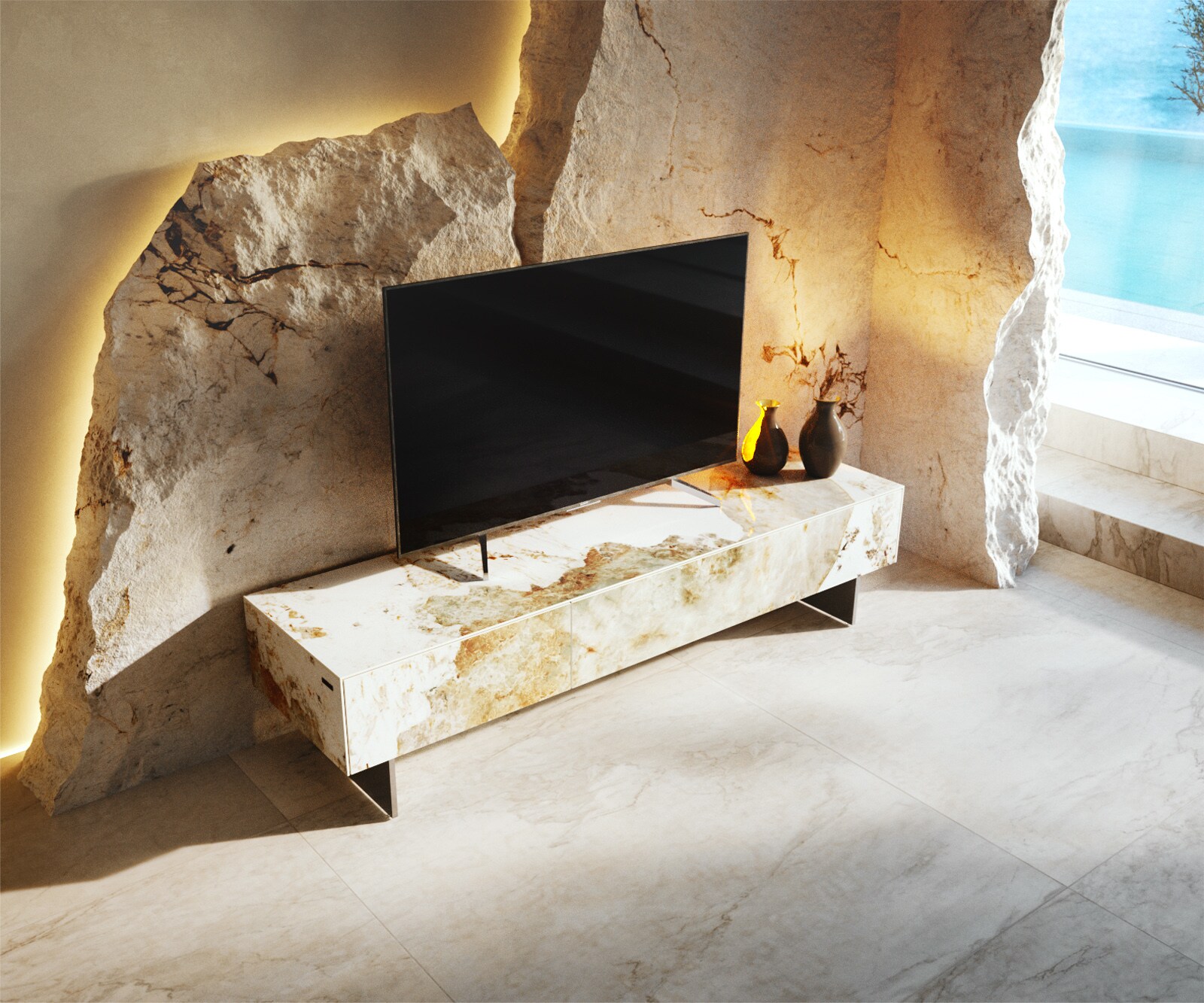 Meuble-TV Cuor 150 cm Céramique Minas Melange Blanc-beige 1 Clapet 1 Tiroir Pied optique flottant Ancier inoxydable 3