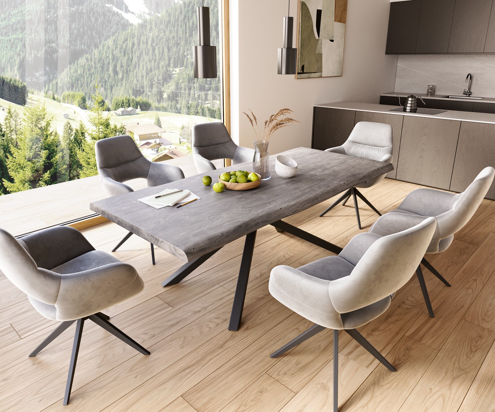 Table à manger Edge 220x100 XL acacia platine cadre croisé rectangle noir Live-Edge 7