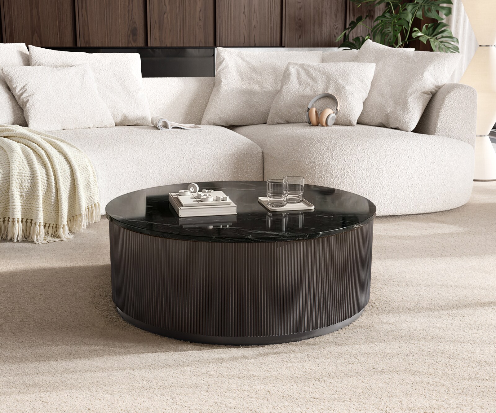 Table basse Fiorano 90 x 90 cm, marbre noir, métal argenté, finition Black Antique