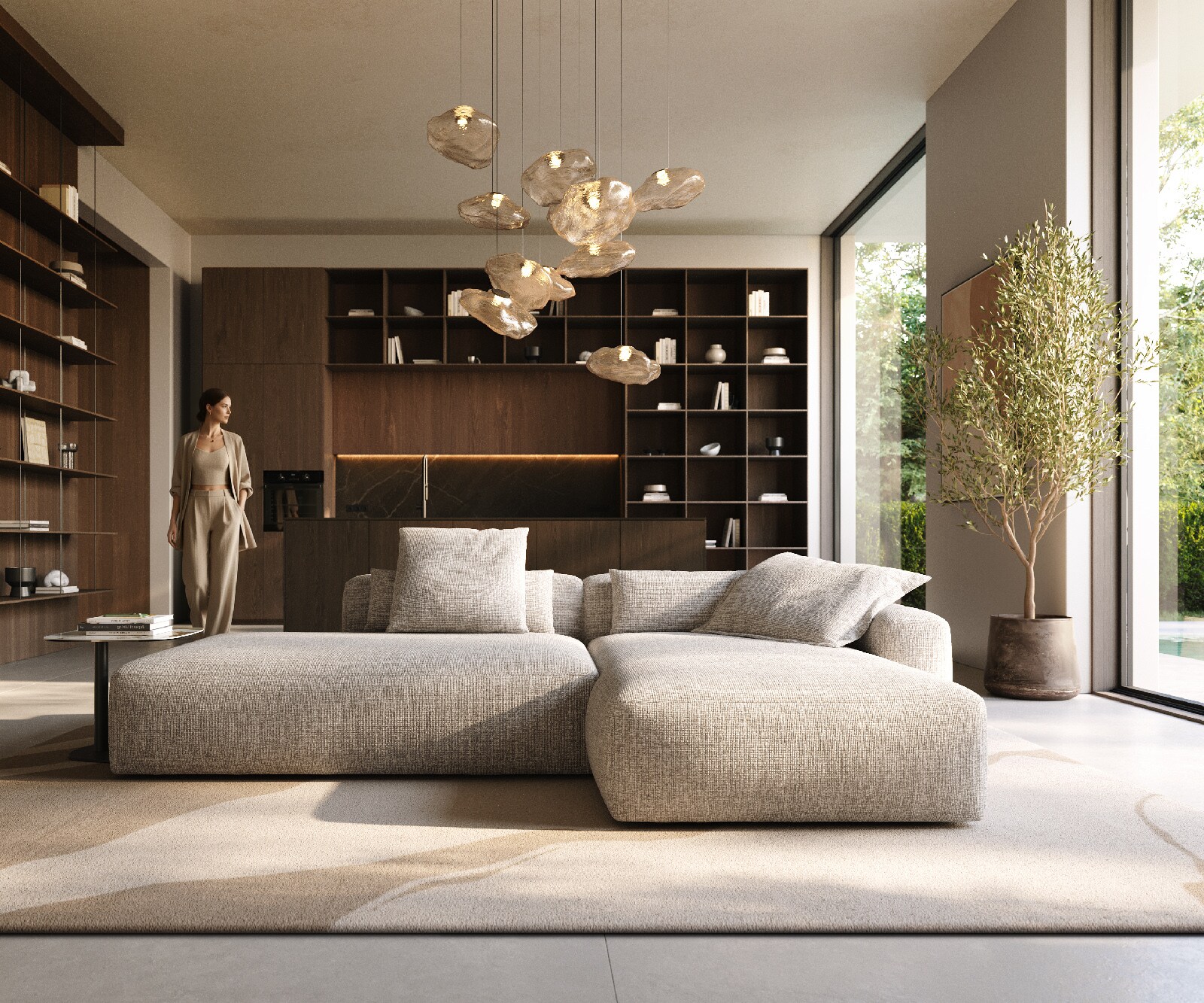 Canapé d'angle Freestyle 310x200 cm Tissu tissé doux Beige couture plate