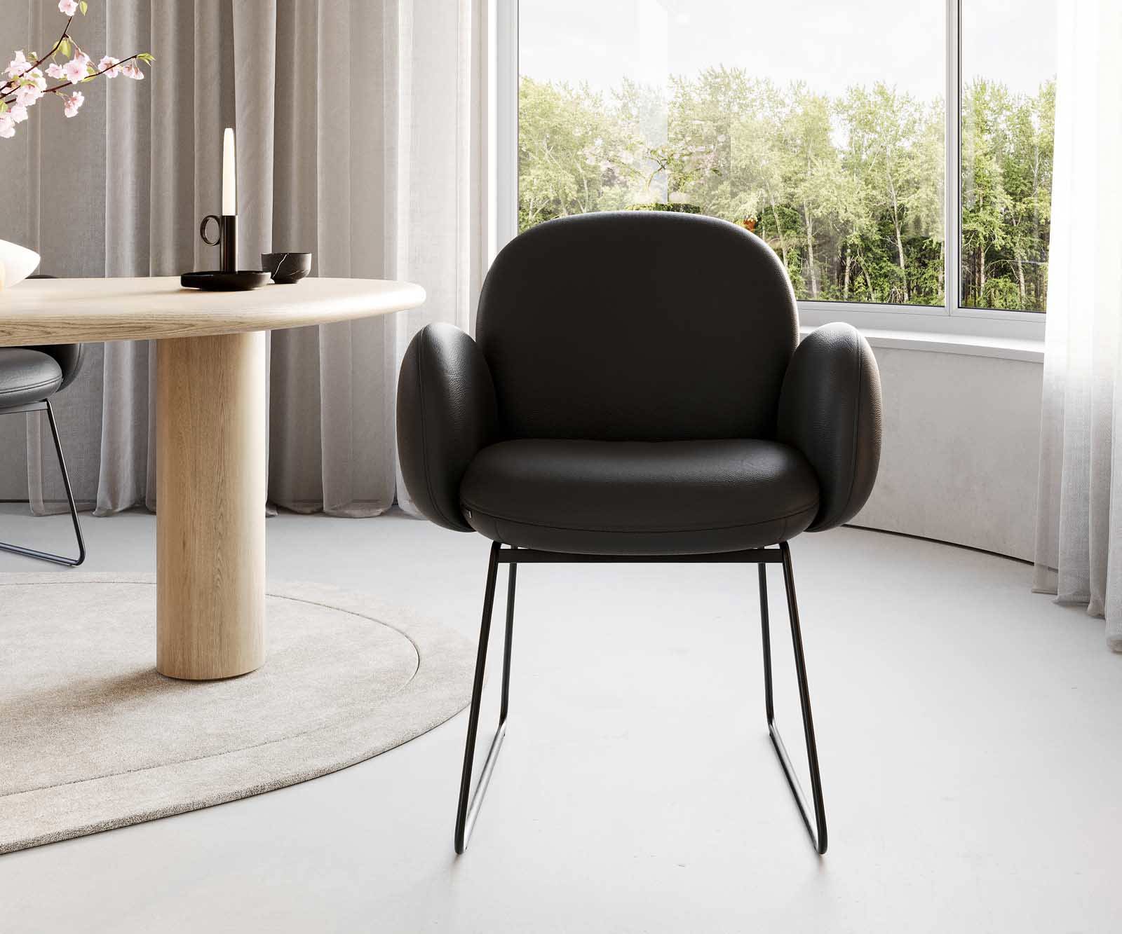 Chaise-de-salle-à-manger Nube-Flex avec accoudoirs cuir de vache noir pied trapèze noir ressorts ensachés 2