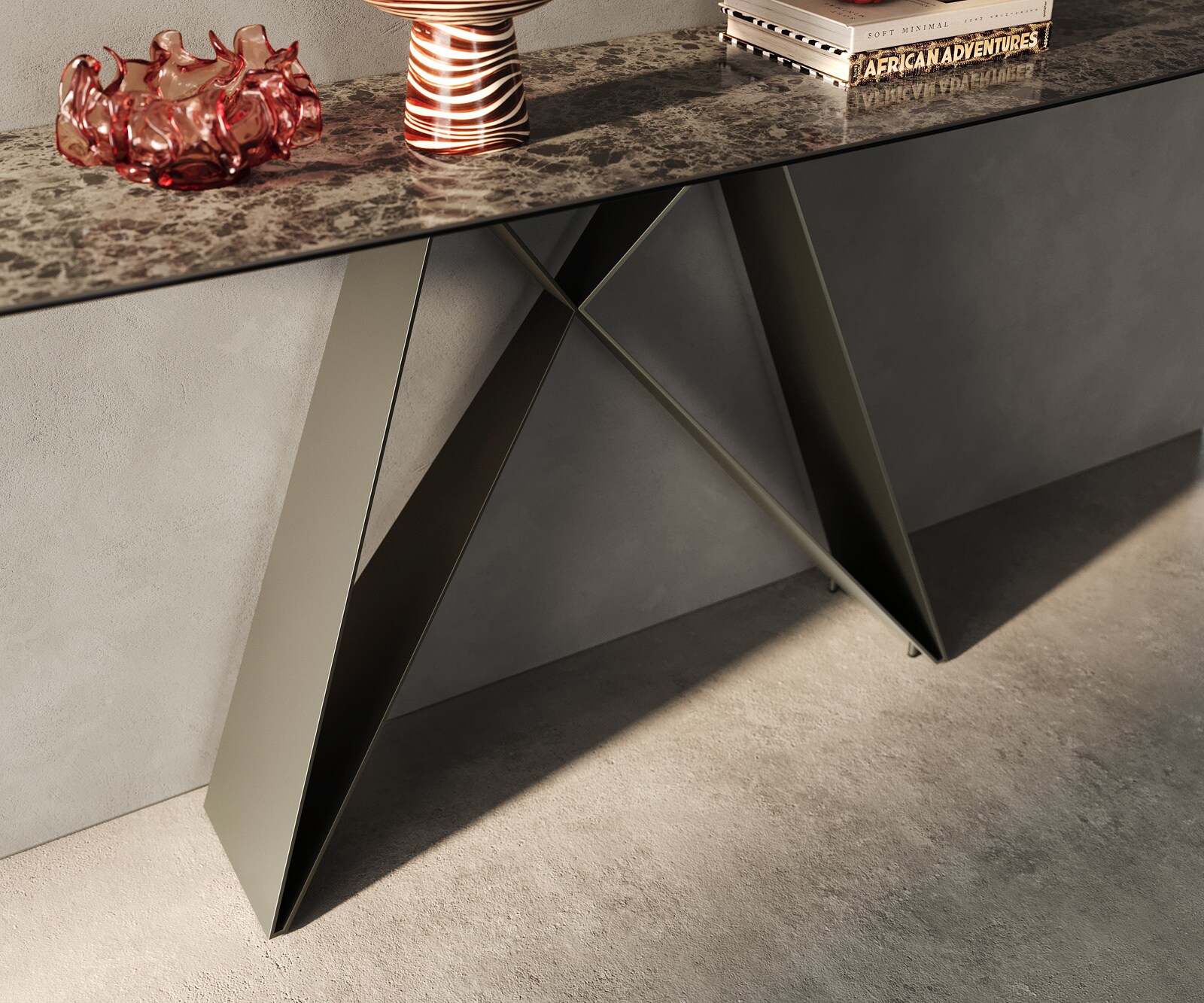 Console Edge forme bateau 180x40 cm Céramique Emperador Extra Lucidato Dunkelbraun Velio Métal Effektfinish Titan 6