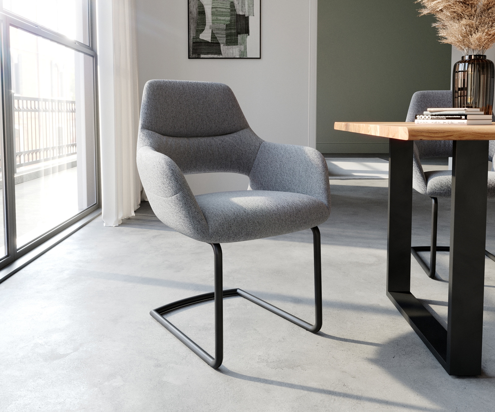 Cantilever Yago-Flex avec accoudoirs tissu texturé gris clair pied cantilever rond noir ressorts ensachés Cantilever Yago-Flex avec accoudoirs tissu texturé gris clair pied cantilever rond noir ressorts ensachés