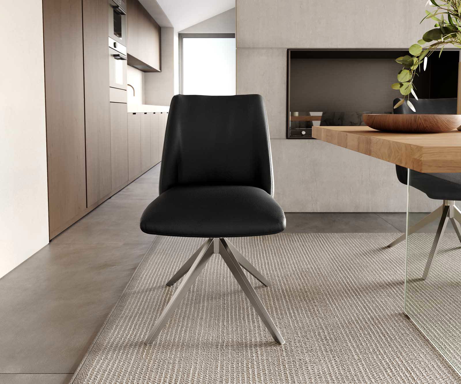 Chaise-pivotante Elso-Flex cuir de vache noir pied croisé large acier inoxydable brossé pivotement sur 360° ressorts ensachés 1
