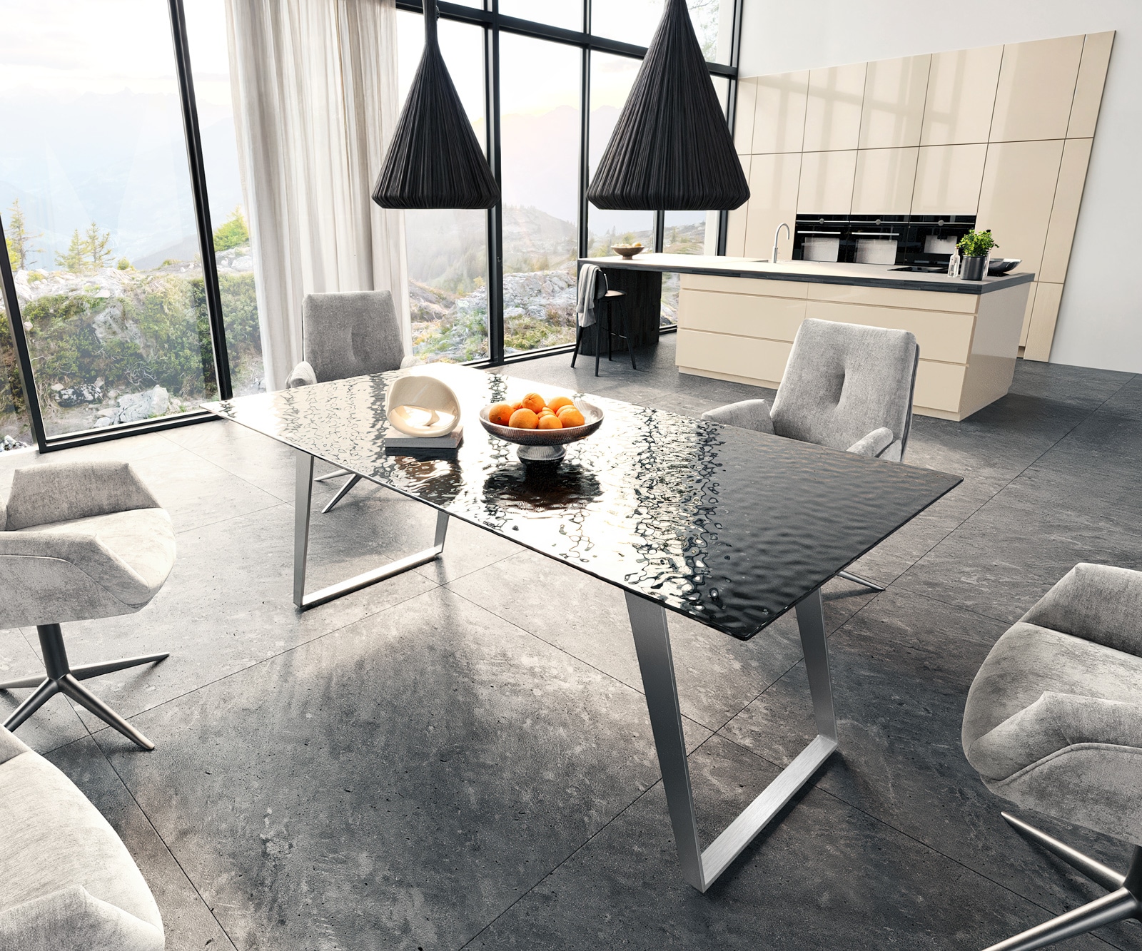 Table à manger Edge 200x100 verre fondu noir fumé relief en 3D acier inoxydable incliné Table à manger Edge 200x100 verre fondu noir fumé relief en 3D acier inoxydable incliné