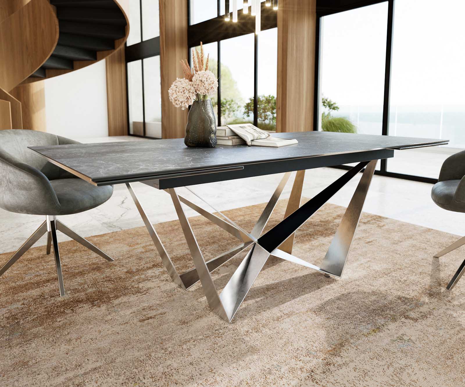 Table à manger Edge 200-300x100 céramique Laminam®Nero Greco gris Spider acier plat acier inoxydable extensible 4