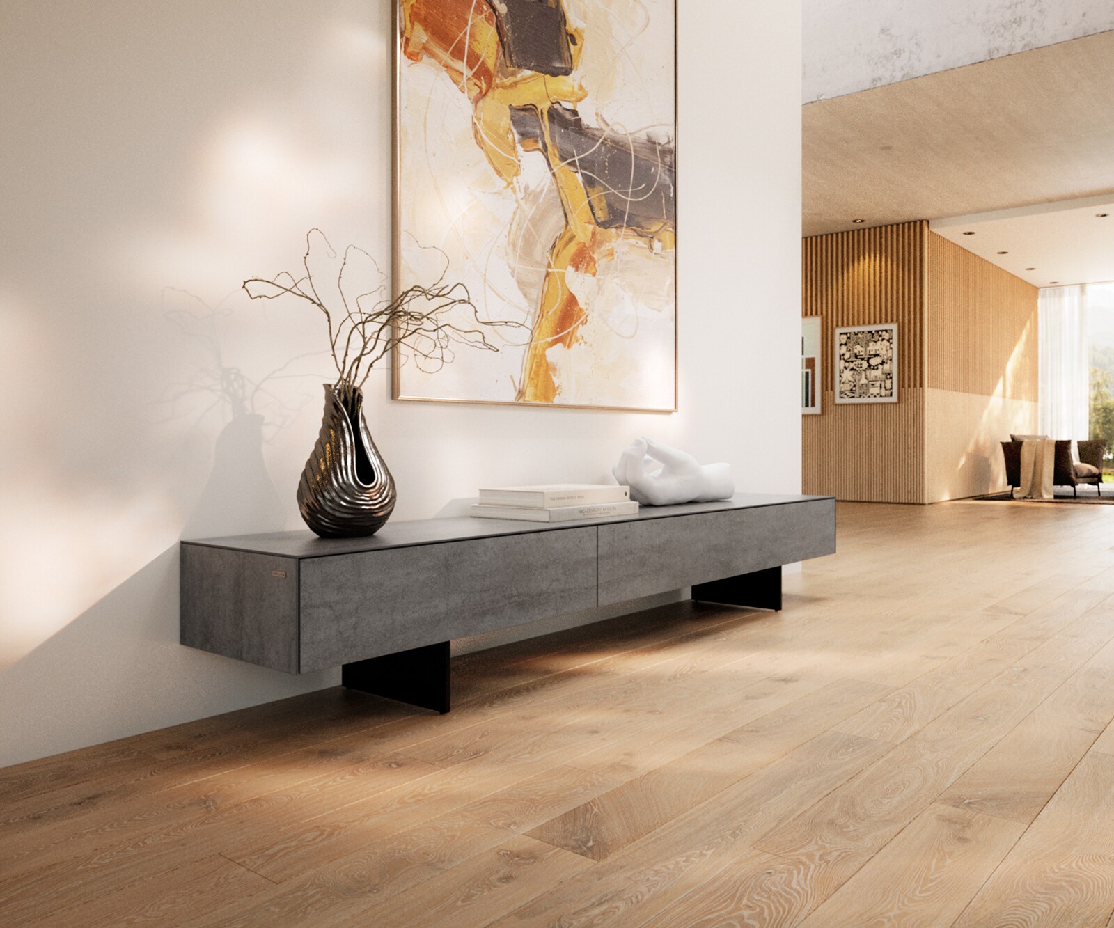 Meuble-TV Cuor 200 cm Céramique Béton gris 1 Clapet 1 Tiroir Pied optique flottant Métal Noir
