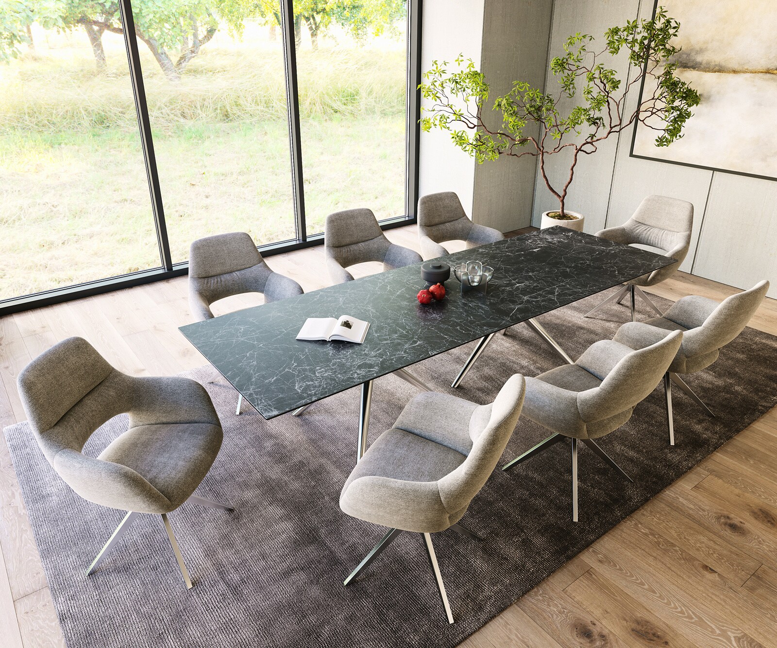 Table à manger Edge 300x100 Céramique Laminam®Nero Greco Anthracite Estelar rond Acier inoxydable 5