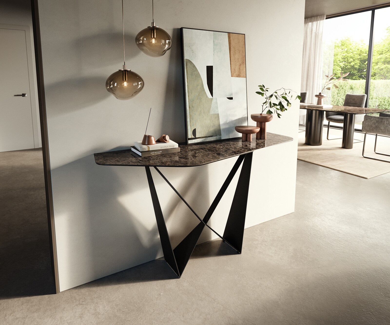 Console Edge Polygonal 140x50 cm Céramique Emperador Extra Lucidato Dunkelbraun Spios Métal Noir 3